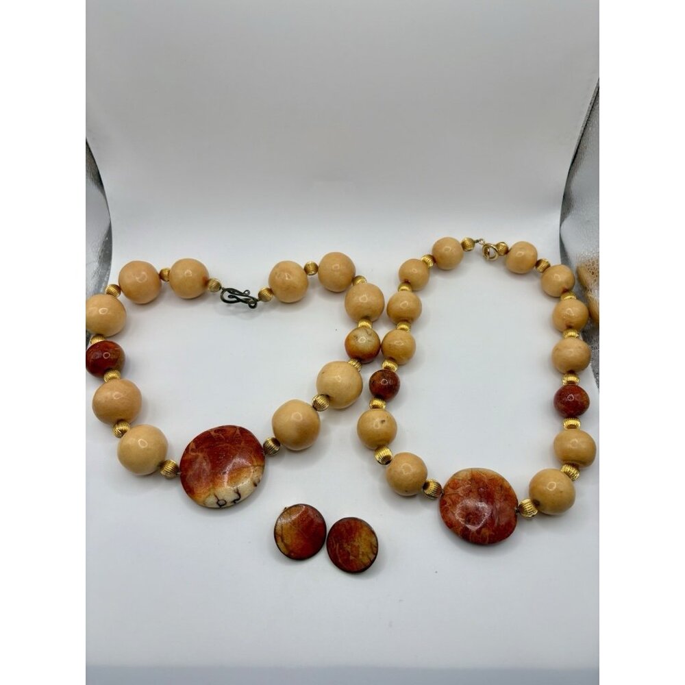 Beaded Matching Set 2 Necklaces Clip On Earrings Yellow Red Boho Ethnic Tribal - Picture 2 of 4
